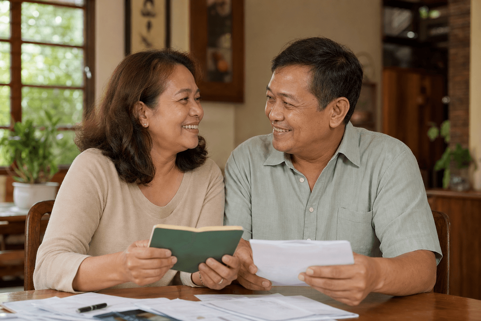 A mature couple reviewing their savings passbook at home, representing the Coop Life Savings Plan